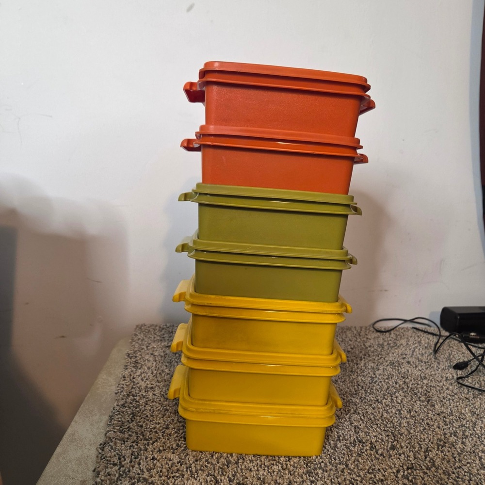 Vintage Tupperware Servalier 7 Piece Set Harvest Orange Green Yellow 1363 Lids